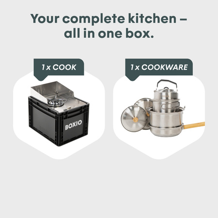 BOXIO COOK PLUS - kuchenka gazowa w Euroboxie z zestawem garnków BOXIO COOKWARE
