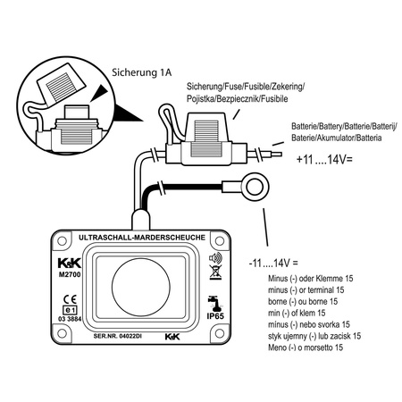 K&K M2700 marten repeller - 360° ultrasound, 22 kHz, 110 dB, waterproof, 12 V, for car and motorhome engine bays